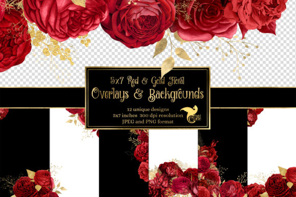 Download 5x7 Red and Gold Floral Overlays - Floral Collection