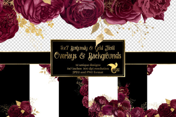 Download 5x7 Burgundy and Gold Floral Overlays - Floral Collection