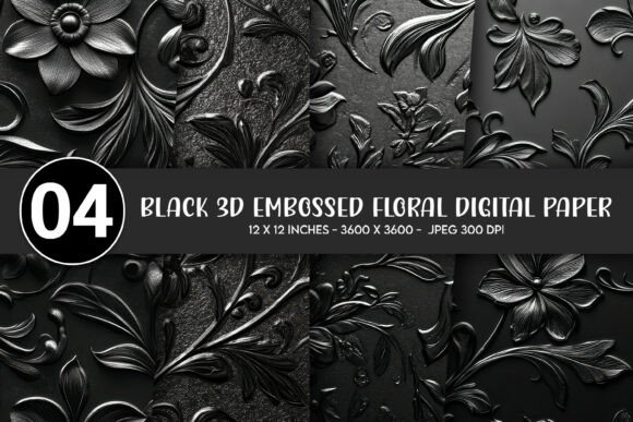 Download Black 3D Embossed Floral Digital Paper - Floral Collection