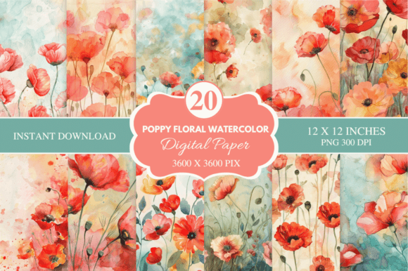 Download Poppy Floral Watercolor Digital Paper - Floral Collection