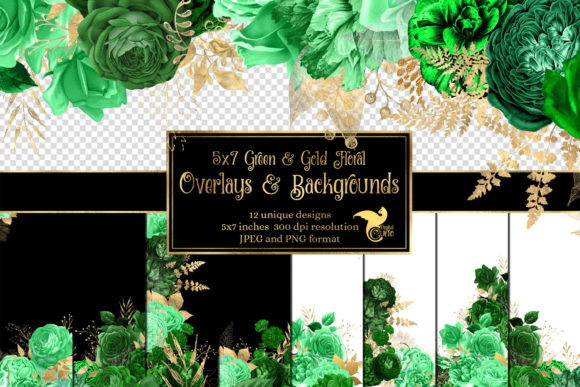 Download 5x7 Green and Gold Floral Overlays - Green Collection